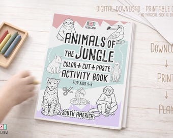 Animals of the Jungle, learning binder and cut and paste, jungle animals, kindergarten prep and coloring pages, Printable (PDF)