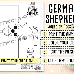 GERMAN SHEPHERD Paper Craft Printable DIY Kit for Kids, 3D Puppy Crafts for Kids, Back to School - Fine Motor Activity - Cut and Glue afbeelding 2