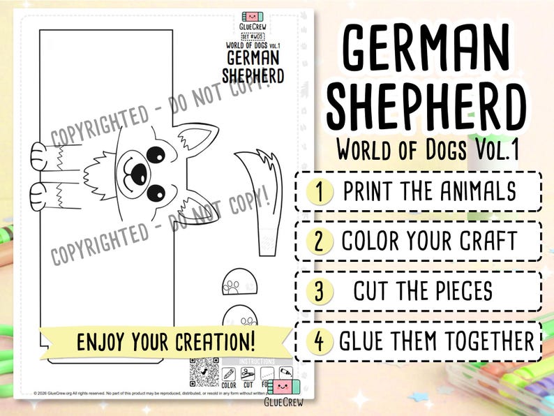 GERMAN SHEPHERD Paper Craft Printable DIY Kit for Kids, 3D Puppy Crafts for Kids, Back to School - Fine Motor Activity - Cut and Glue afbeelding 2