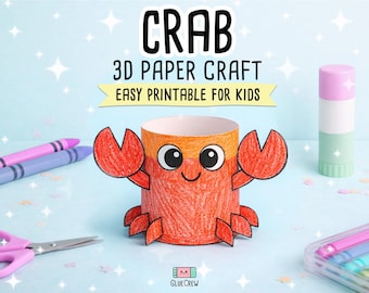 3D Crab Paper Craft Printable, Cute Marine Animal DIY Kit, Kid-Friendly Fun Educational Craft with Large Eyes and Claws
