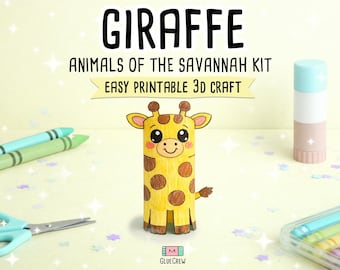 Kit fai da te stampabile 3D per realizzare una giraffa in carta, un'attività divertente con un simpatico animale della savana, ideale per la scuola materna, l'istruzione domiciliare e la scuola primaria.