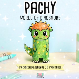 May include: A 3D printable paper craft of a green dinosaur with an orange head, yellow spots, and large black eyes. The text reads PACHY WORLD OF DINOSAURS and PACHYCEPHALOSAURUS 3D PRINTABLE. The character has a tail and small arms.