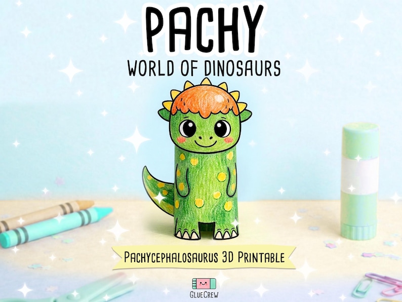 May include: A 3D printable paper craft of a green dinosaur with an orange head, yellow spots, and large black eyes. The text reads PACHY WORLD OF DINOSAURS and PACHYCEPHALOSAURUS 3D PRINTABLE. The character has a tail and small arms.