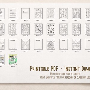 Preview collage of the “Animals of the Alps Vol. 1” printable PDF, showing small thumbnails of multiple interior activity pages and covers, labeled as an instant digital download with no physical book shipped.
