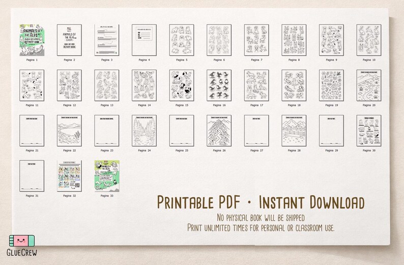 Preview collage of the “Animals of the Alps Vol. 1” printable PDF, showing small thumbnails of multiple interior activity pages and covers, labeled as an instant digital download with no physical book shipped.