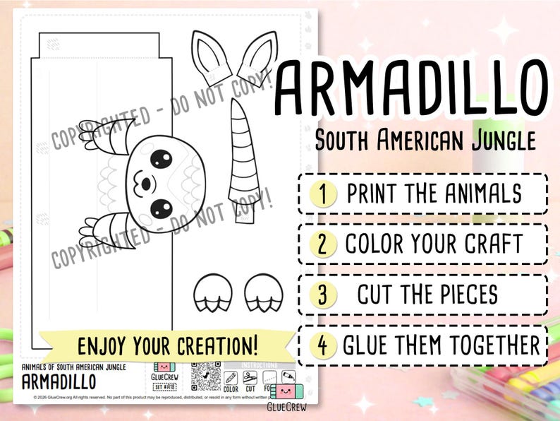 Nine-banded Armadillo Printable Paper Craft | 3D Printable DIY Craft for Kids | South American Jungle | Teacher School Homeschool Habitat imagem 2