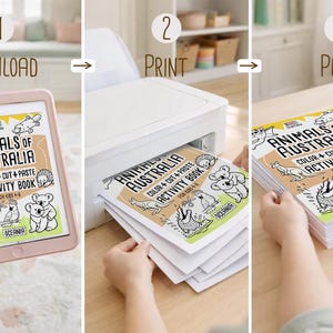 May include: A step-by-step guide to an activity book. The first step shows a pink tablet displaying the cover of the "Animals of Australia" activity book. The second step shows the book being printed. The third step shows the printed book.