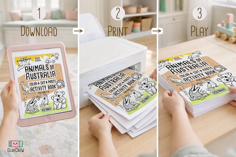 May include: A step-by-step guide to an activity book. The first step shows a pink tablet displaying the cover of the "Animals of Australia" activity book. The second step shows the book being printed. The third step shows the printed book.