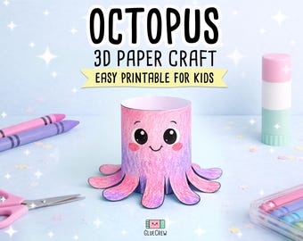 タコのペーパークラフト印刷可能、かわいい3D海洋動物DIYキット、ピンクと紫の子供向け工作アクティビティ、組み立て簡単楽しいプロジェクト