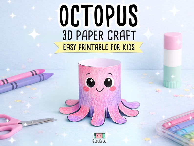 Puede incluir: Una colorida manualidad de pulpo de papel 3D para ni&ntilde;os. El pulpo es rosa y morado con una cara sonriente. La imagen incluye crayones, tijeras y un pegamento en barra. El texto dice "OCTOPUS 3D PAPER CRAFT EASY PRINTABLE FOR KIDS".