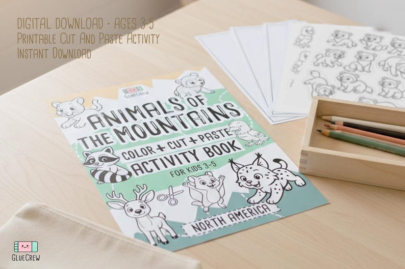 May include: A children's activity book titled "Animals of the Mountains" with illustrations of various animals. The book includes the text "Color + Cut + Paste Activity Book" and is designed for kids ages 3-5. Pencils and coloring pages are also visible.