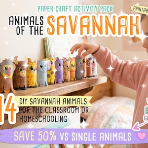K&ouml;nnte beinhalten: Ein Holzregal zeigt 14 DIY-Bastelarbeiten von Savannentieren aus Papier. Die Tiere sind aus Papierr&ouml;hren gefertigt und weisen farbenfrohe Designs auf. Der Text auf dem Bild lautet "Tiere der Savanne" und "DIY-Savannentiere f&uuml;r das Klassenzimmer oder Homeschooling."