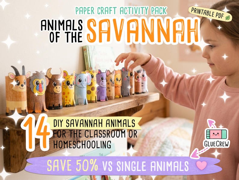 K&ouml;nnte beinhalten: Ein Holzregal zeigt 14 DIY-Bastelarbeiten von Savannentieren aus Papier. Die Tiere sind aus Papierr&ouml;hren gefertigt und weisen farbenfrohe Designs auf. Der Text auf dem Bild lautet "Tiere der Savanne" und "DIY-Savannentiere f&uuml;r das Klassenzimmer oder Homeschooling."