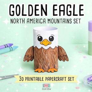 Puede incluir: Una figura de papel en 3D de un &aacute;guila real con cabeza blanca, cuerpo marr&oacute;n y pico y patas naranjas. El texto dice GOLDEN EAGLE NORTH AMERICA MOUNTAINS SET y 3D PRINTABLE PAPERCRAFT SET. La figura est&aacute; centrada con materiales de manualidades.
