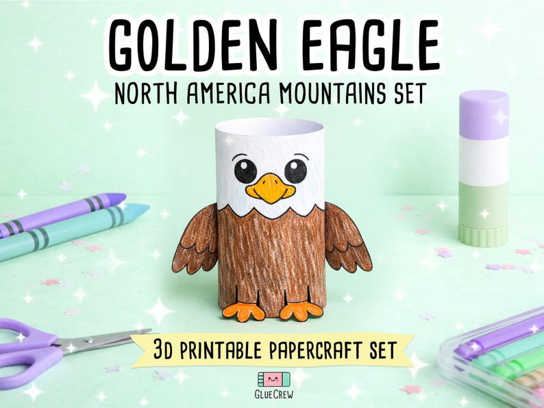 Puede incluir: Una figura de papel en 3D de un &aacute;guila real con cabeza blanca, cuerpo marr&oacute;n y pico y patas naranjas. El texto dice GOLDEN EAGLE NORTH AMERICA MOUNTAINS SET y 3D PRINTABLE PAPERCRAFT SET. La figura est&aacute; centrada con materiales de manualidades.