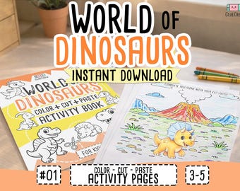 Dinosaur Color Cut Paste Activity Book | Preschool Fine Motor Skills School Class and Home Schooling (Instant Download)