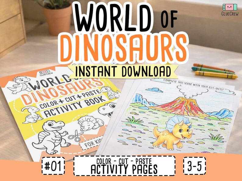 Pode incluir: Um livro de atividades colorido intitulado "World of Dinosaurs" com o texto "Instant Download". O livro apresenta ilustra&ccedil;&otilde;es de dinossauros e o texto "Color + Cut + Paste Activity Book". A imagem tamb&eacute;m inclui l&aacute;pis de cor e uma p&aacute;gina para colorir com um vulc&atilde;o e um dinossauro.