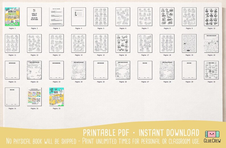 Pu&ograve; includere: Una raccolta di pagine PDF stampabili, con pagine da colorare e fogli di attivit&agrave; a tema serpente. Le pagine sono visualizzate su una superficie bianca, con il testo "PDF STAMPABILE - DOWNLOAD IMMEDIATO" in basso. Per uso personale o in classe.