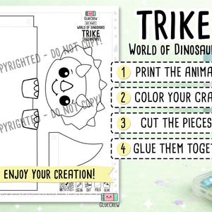 K&ouml;nnte beinhalten: Ein schwarz-wei&szlig;es Bastelblatt zum Ausdrucken mit dem Umriss eines Triceratops-Dinosauriers. Die Seite enth&auml;lt Anweisungen von 1 bis 4: Print the animals, Color your craft, Cut the pieces, Glue them together sowie den Text Enjoy your creation.