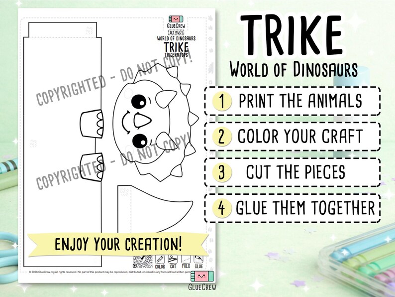 K&ouml;nnte beinhalten: Ein schwarz-wei&szlig;es Bastelblatt zum Ausdrucken mit dem Umriss eines Triceratops-Dinosauriers. Die Seite enth&auml;lt Anweisungen von 1 bis 4: Print the animals, Color your craft, Cut the pieces, Glue them together sowie den Text Enjoy your creation.