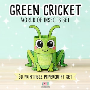 Op de afbeelding: Een 3D-printbare papieren knutselset met een groen krekelpersonage. De krekel heeft grote zwarte ogen, roze wangen en twee voelsprieten. De tekst luidt GREEN CRICKET WORLD OF INSECTS SET en 3D PRINTABLE PAPERCRAFT SET met een GlueCrew-logo.