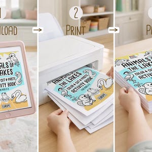 Three-step guide showing how it works: download the “Animals of the Lakes” PDF on a tablet, print the pages from a home printer, then stack and play with the printed activity book.