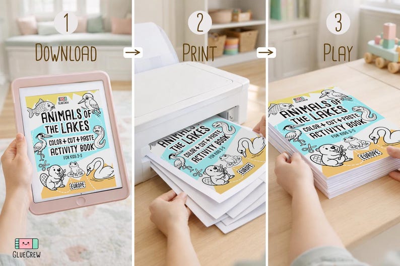 Three-step guide showing how it works: download the “Animals of the Lakes” PDF on a tablet, print the pages from a home printer, then stack and play with the printed activity book.