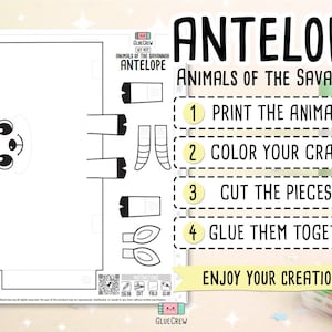K&ouml;nnte beinhalten: Ein druckbares Antilopen-Bastelset von GlueCrew, Teil der Serie Tiere der Savanne. Enth&auml;lt Anweisungen: drucken, ausmalen, ausschneiden und kleben. Verf&uuml;gt &uuml;ber ein schwarz-wei&szlig;es Antilopen-Design mit Anweisungen.