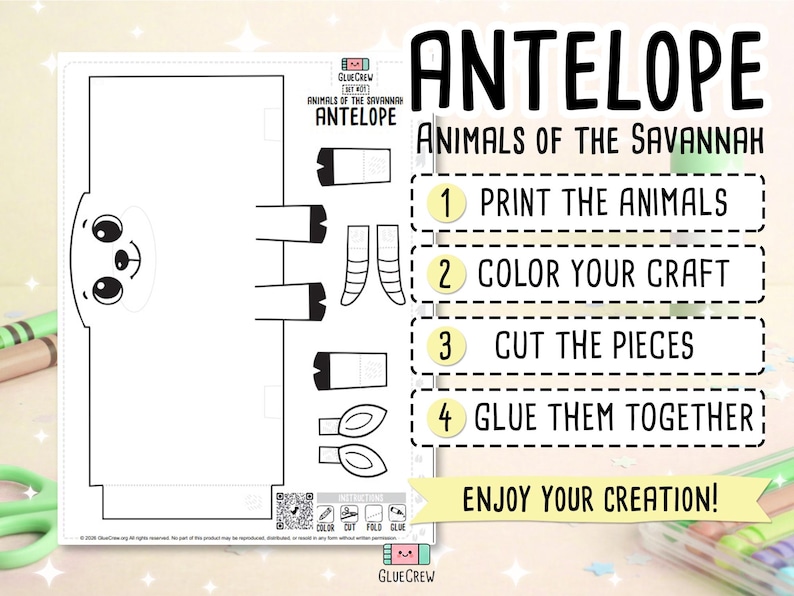K&ouml;nnte beinhalten: Ein druckbares Antilopen-Bastelset von GlueCrew, Teil der Serie Tiere der Savanne. Enth&auml;lt Anweisungen: drucken, ausmalen, ausschneiden und kleben. Verf&uuml;gt &uuml;ber ein schwarz-wei&szlig;es Antilopen-Design mit Anweisungen.