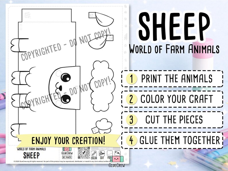 Sheep Printable Paper Craft | 3D Printable DIY Craft for Kids | Farm Animals | Classroom Homeschool Fine Motor Activity | Color Cut and Glue imagen 2