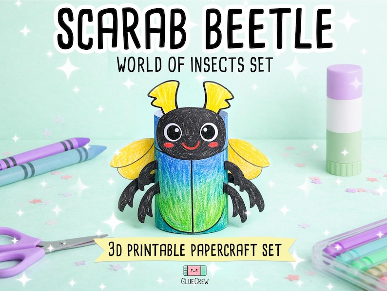 Sacred Scarab Beetle Paper Craft Printable 3D DIY Kit for Kids, Cute Puppy Activity for Preschool, Home Schooling & School Teaching Unit immagine 1