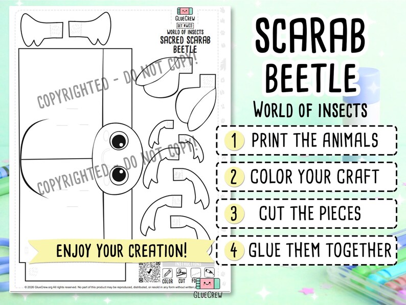 Sacred Scarab Beetle Paper Craft Printable 3D DIY Kit for Kids, Cute Puppy Activity for Preschool, Home Schooling & School Teaching Unit immagine 2