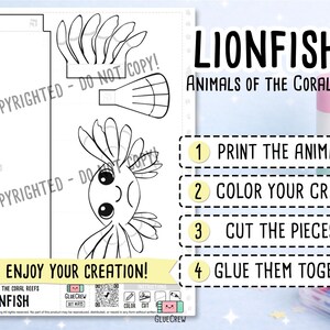 Puede incluir: Una hoja de manualidades imprimible en blanco y negro con un dise&ntilde;o de pez le&oacute;n y partes del cuerpo separadas para recortar. El texto dice LIONFISH ANIMALS OF THE CORAL REEFS, 1 PRINT THE ANIMALS, 2 COLOR YOUR CRAFT, 3 CUT THE PIECES, 4 GLUE THEM TOGETHER.