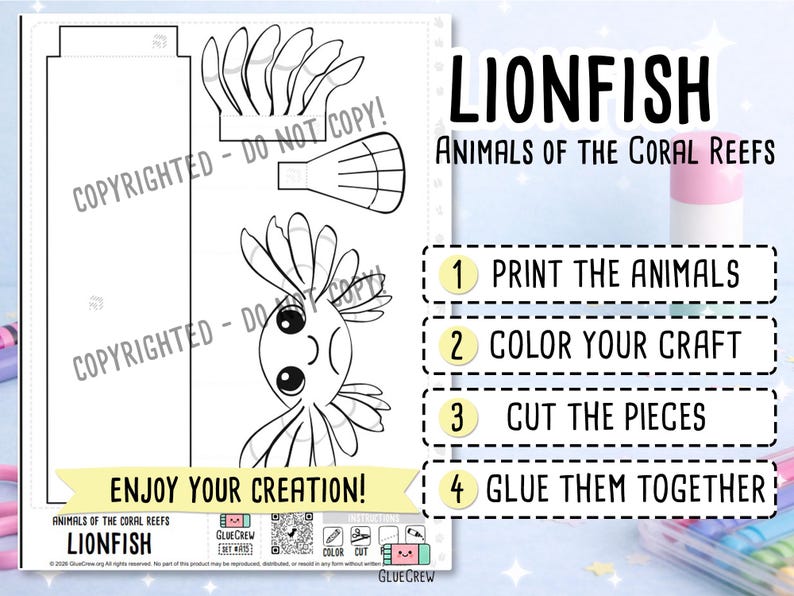 Puede incluir: Una hoja de manualidades imprimible en blanco y negro con un dise&ntilde;o de pez le&oacute;n y partes del cuerpo separadas para recortar. El texto dice LIONFISH ANIMALS OF THE CORAL REEFS, 1 PRINT THE ANIMALS, 2 COLOR YOUR CRAFT, 3 CUT THE PIECES, 4 GLUE THEM TOGETHER.