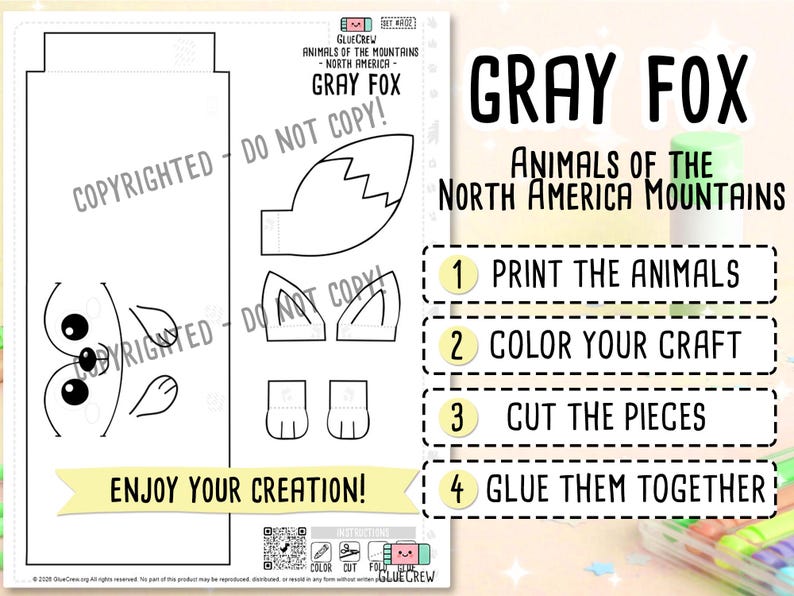 Gray Fox Printable Paper Craft | 3D Printable DIY Craft for Kids | Mountain Animals | Preschool Classroom Homeschool Activity | Kids Craft 画像 2