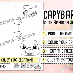 以下が含まれることがあります： カピバラのペーパークラフト用印刷テンプレート。長方形の胴体、独立した頭部、小さな手足が描かれています。シートには「1 Print the animals, 2 Color your craft, 3 Cut the pieces, 4 Glue them together. Enjoy your creation.」という指示が記載されています。