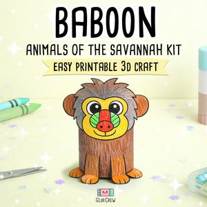 K&ouml;nnte beinhalten: Ein farbenfrohes Baboon-Bastelprojekt aus Papier, Teil eines "Animals of the Savannah Kit". Das Bild enth&auml;lt Buntstifte, eine Schere und einen Klebestift, mit dem Text "Easy Printable 3D Craft".