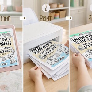 May include: A three-step guide to an activity book. The first step shows a tablet with the cover of the "Animals of the Rainforests" activity book. The second step shows the book being printed. The third step shows the printed book.
