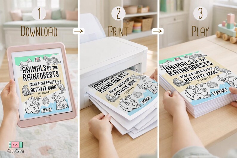 May include: A three-step guide to an activity book. The first step shows a tablet with the cover of the "Animals of the Rainforests" activity book. The second step shows the book being printed. The third step shows the printed book.