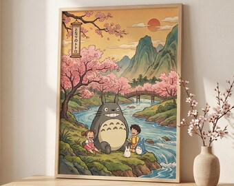 Totoro Inspired Japanese Landscape Print| Cherry Blossom Anime Poster | Cozy Studio Ghibli Style Decor | Cute Nature Art Gift 51