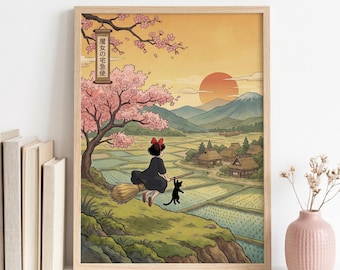 Kiki’s Delivery Service Print, Studio Ghibli Inspired Anime Poster, Cherry Blossom Sunset Decor, Cozy Cottage core Art 61