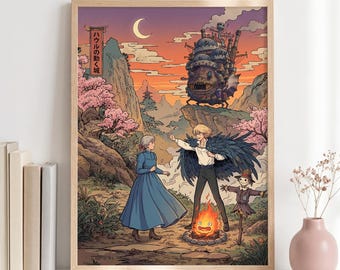Howl’s Moving Castle Inspired Art Print, Anime Fantasy Wall Decor, Studio Ghibli Inspired Poster, Magical Sunset Landscape 57