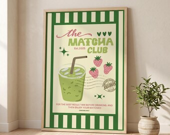 Matcha Club Wall Art Print, Cute Matcha Poster, Strawberry Matcha Aesthetic, Kitchen Decor, Cafe Wall Art, Pastel Green Art, 29