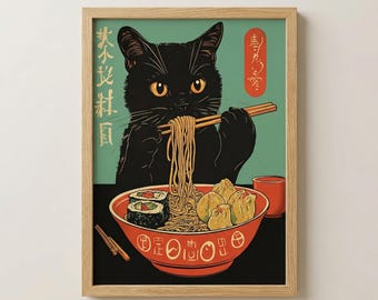 Black Cat Ramen Wall Art Print, Japanese Vintage Poster, Cute Cat Eating Noodles, Retro Asian Art, Kitchen Decor, Maximalist Wall Art 20