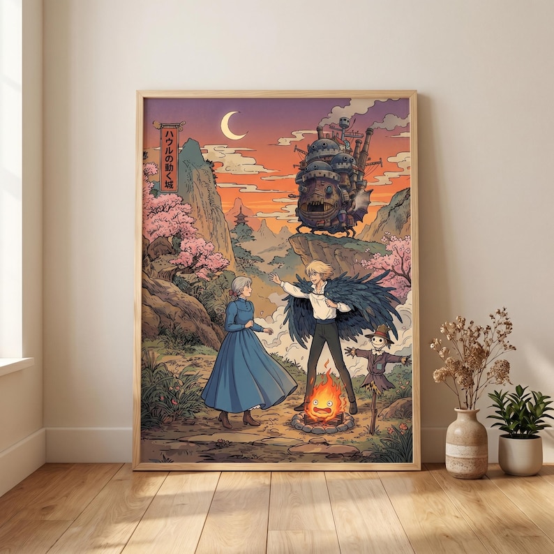 May include: A framed art print featuring a scene from the animated film "Howl's Moving Castle." The artwork depicts characters in a vibrant landscape with a castle, a bonfire, and Japanese text. The color palette includes warm oranges, pinks, and blues.