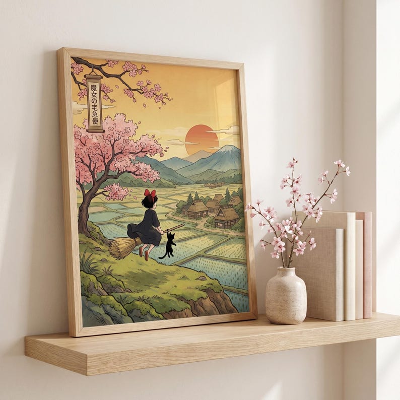 May include: A framed art print featuring a young witch flying on a broom with a black cat, set against a Japanese landscape with cherry blossoms and a sunset. The print includes Japanese text and is displayed on a wooden shelf.