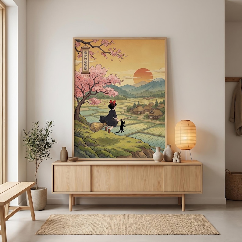 May include: A framed art print depicting a witch on a broom with a black cat, set against a rural landscape with a sunset and cherry blossoms. The artwork has a Japanese aesthetic and features text in the upper left corner.