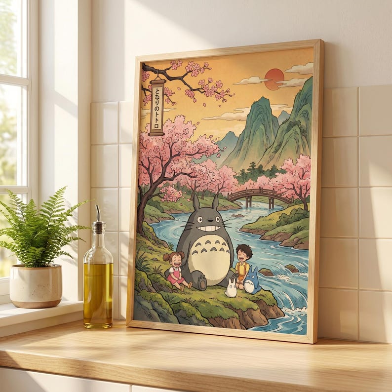 May include: A framed print featuring a scene with a large gray character, two children, and smaller creatures near a river. Cherry blossom trees and mountains are in the background. The print has a wooden frame and a warm color palette.