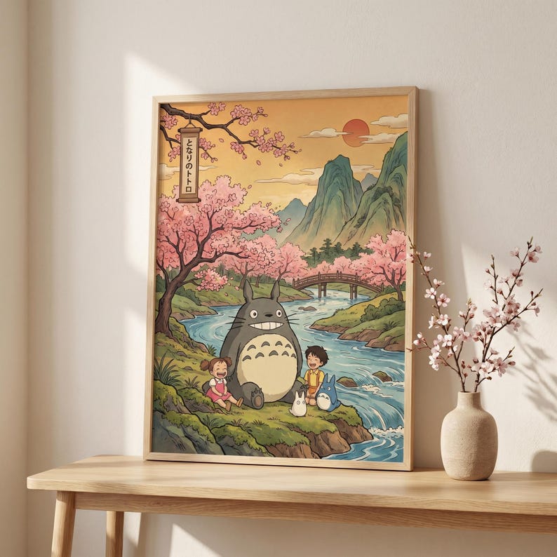 May include: A framed print featuring a scene from the animated film, My Neighbor Totoro. The artwork depicts Totoro with two children and two smaller creatures near a river, with cherry blossom trees and a bridge in the background. The sky is a warm orange with a setting sun.