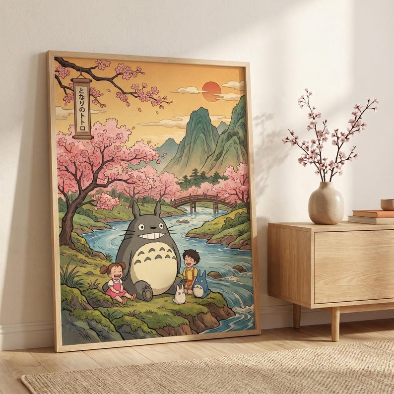 May include: A framed art print featuring a scene from the animated film "My Neighbor Totoro." The artwork depicts Totoro, two children, and other characters by a river, with cherry blossom trees and a bridge in the background. The color palette includes pink, green, and orange.